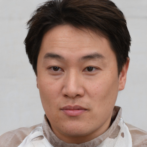 Neutral asian young-adult male with short  brown hair and brown eyes