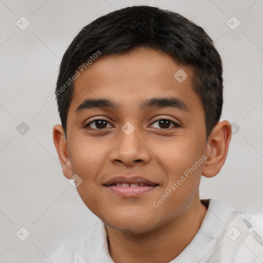 Joyful latino young-adult male with short  brown hair and brown eyes