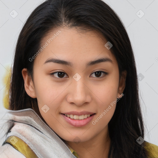 Joyful asian young-adult female with long  brown hair and brown eyes