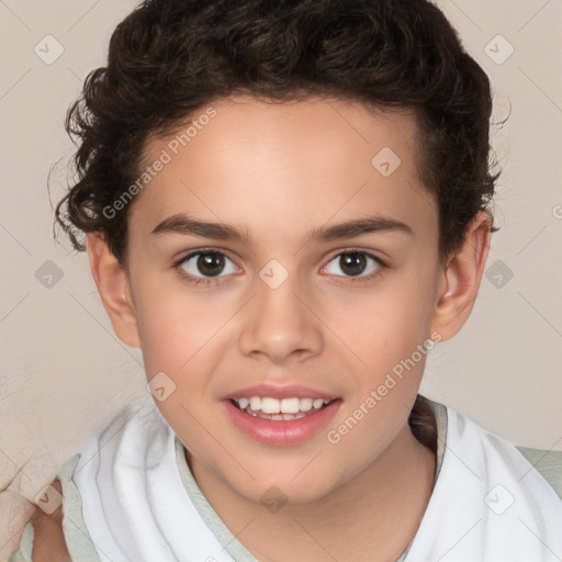 Joyful white child female with short  brown hair and brown eyes