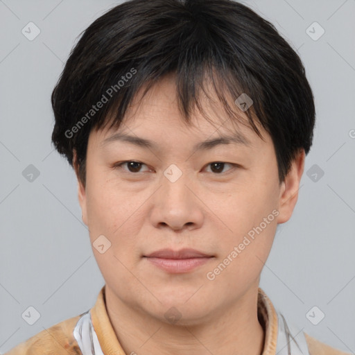 Joyful asian young-adult female with short  brown hair and brown eyes