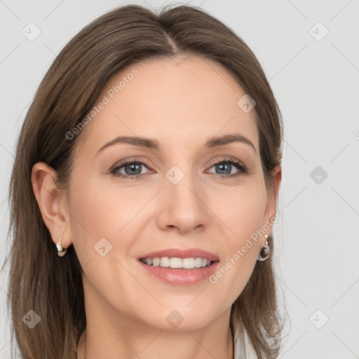 Joyful white young-adult female with medium  brown hair and grey eyes