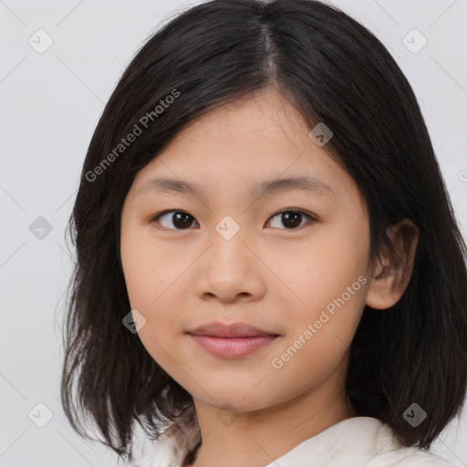 Joyful white child female with medium  brown hair and brown eyes