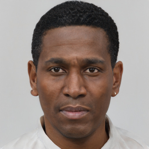 Neutral black young-adult male with short  black hair and brown eyes