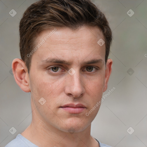 Neutral white young-adult male with short  brown hair and grey eyes