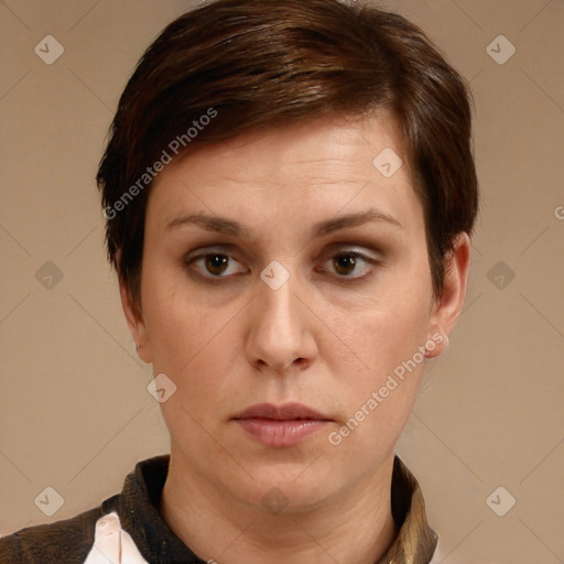 Neutral white young-adult female with short  brown hair and brown eyes