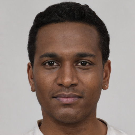 Neutral black young-adult male with short  black hair and brown eyes