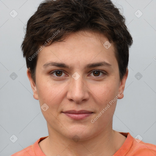 Joyful white young-adult female with short  brown hair and brown eyes