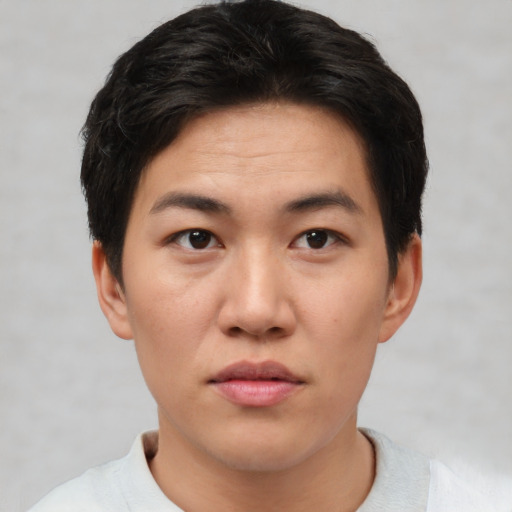 Neutral asian young-adult female with short  brown hair and brown eyes