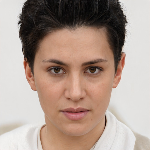 Joyful white young-adult female with short  brown hair and brown eyes