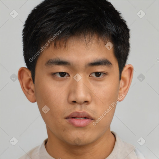 Neutral asian young-adult male with short  black hair and brown eyes