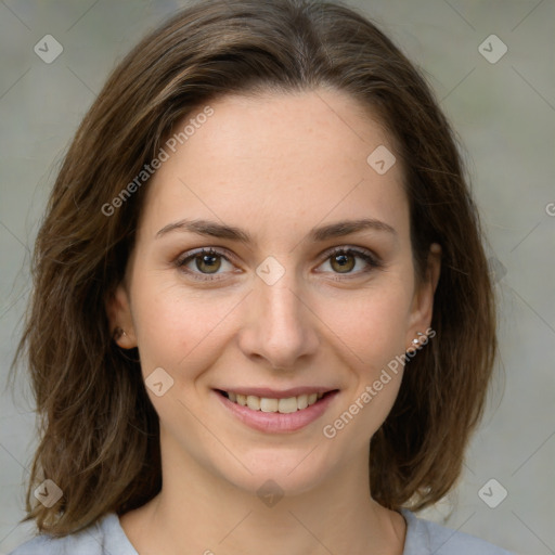 Joyful white young-adult female with medium  brown hair and green eyes