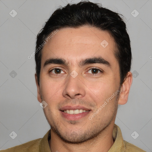 Joyful white young-adult male with short  black hair and brown eyes