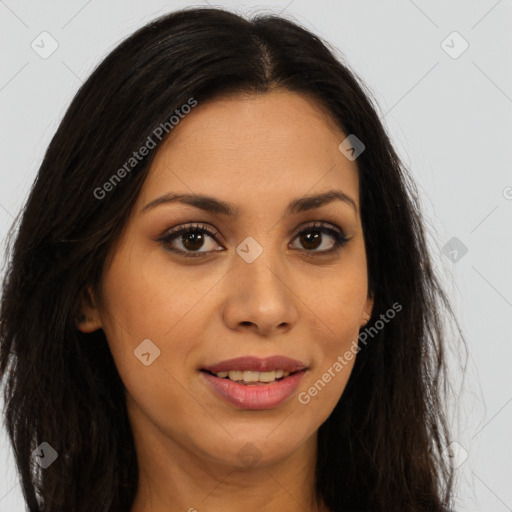 Joyful latino young-adult female with long  brown hair and brown eyes