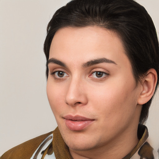 Neutral white young-adult female with medium  brown hair and brown eyes