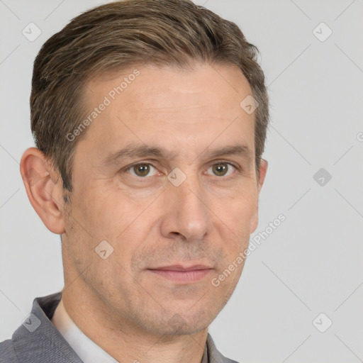 Neutral white adult male with short  brown hair and brown eyes