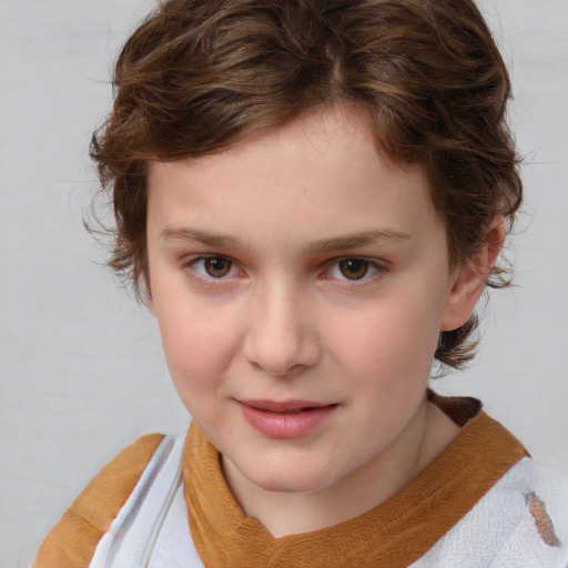 Joyful white child female with medium  brown hair and brown eyes