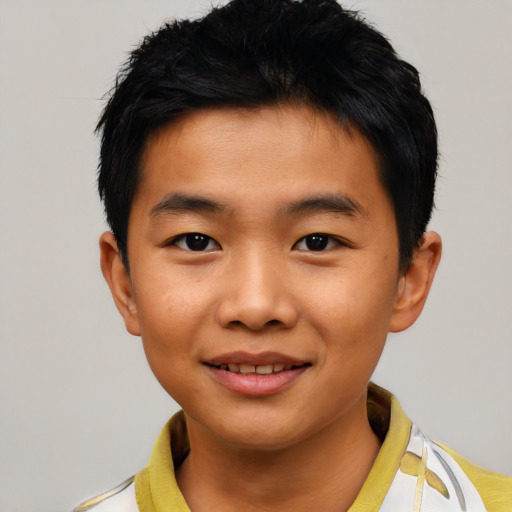 Joyful asian child male with short  black hair and brown eyes