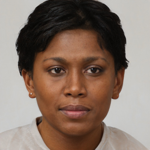 Neutral black young-adult female with short  brown hair and brown eyes