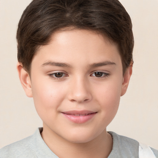 Joyful white child female with short  brown hair and brown eyes