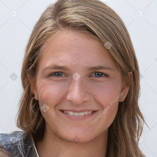 Joyful white young-adult female with long  brown hair and grey eyes