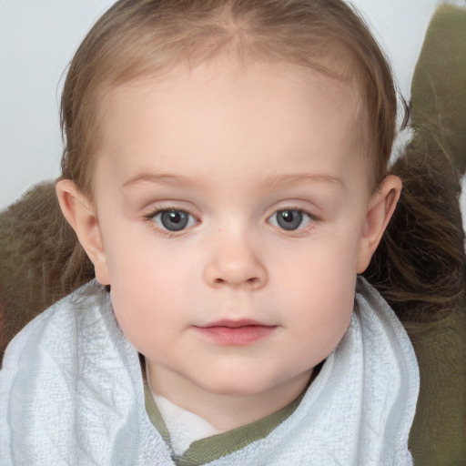 Neutral white child female with medium  brown hair and blue eyes