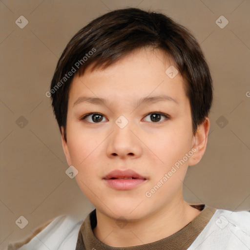 Neutral white young-adult female with short  brown hair and brown eyes