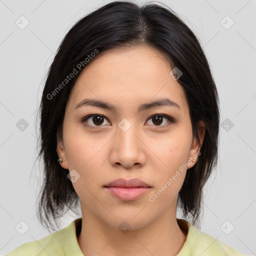 Neutral asian young-adult female with medium  brown hair and brown eyes