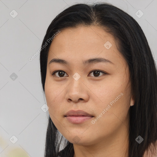 Neutral asian young-adult female with long  brown hair and brown eyes