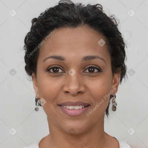 Joyful latino young-adult female with short  brown hair and brown eyes