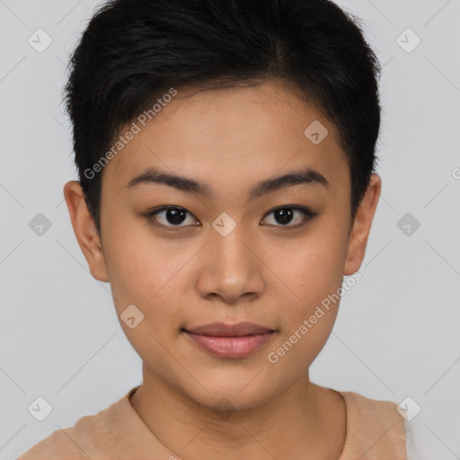 Joyful asian young-adult female with short  brown hair and brown eyes