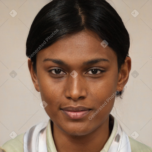 Joyful latino young-adult female with medium  brown hair and brown eyes