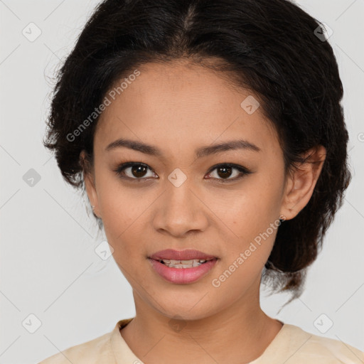 Joyful latino young-adult female with medium  brown hair and brown eyes