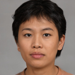 Neutral asian young-adult female with short  brown hair and brown eyes