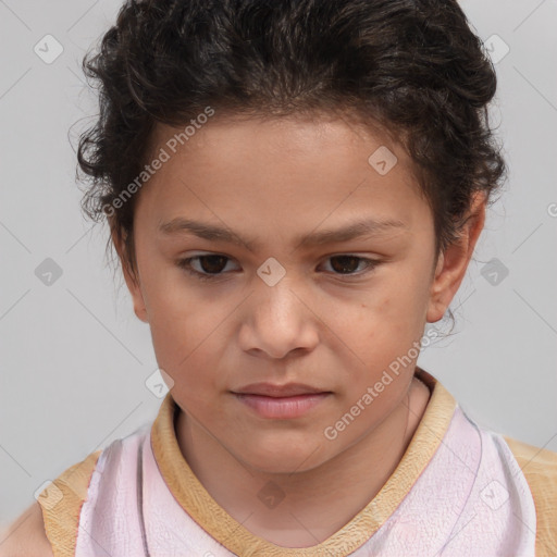 Joyful white child female with short  brown hair and brown eyes