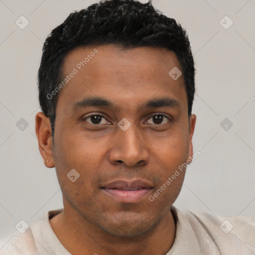 Neutral latino young-adult male with short  black hair and brown eyes