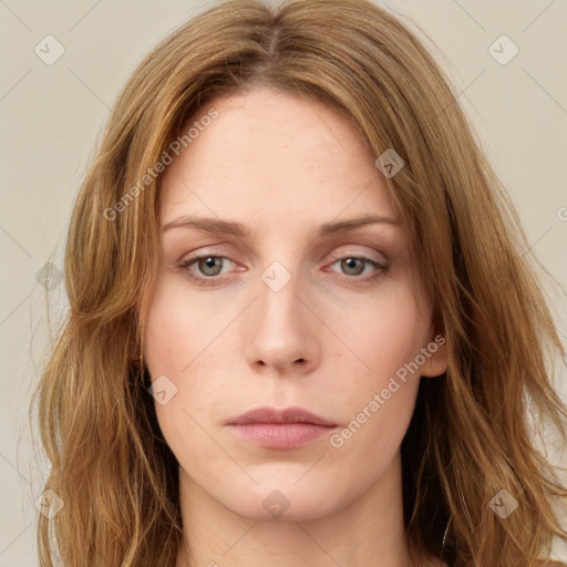 Neutral white young-adult female with long  brown hair and grey eyes