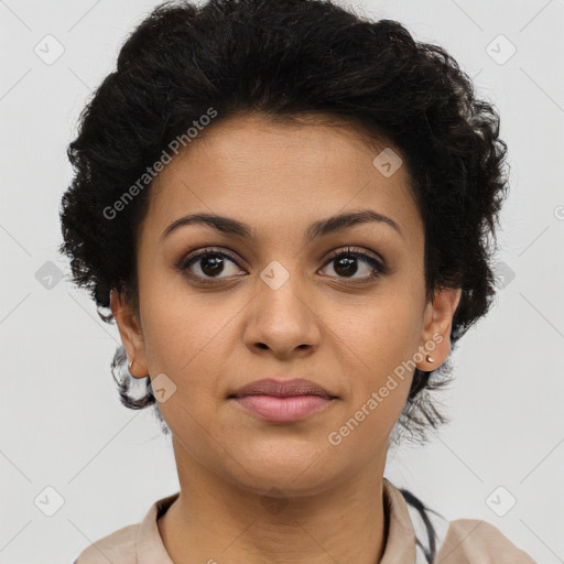 Joyful latino young-adult female with short  brown hair and brown eyes