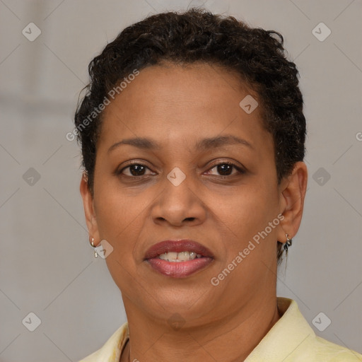 Joyful latino young-adult female with short  brown hair and brown eyes