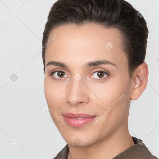 Joyful white young-adult female with short  brown hair and brown eyes