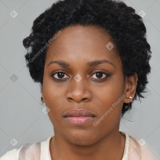 Neutral black young-adult female with short  black hair and brown eyes