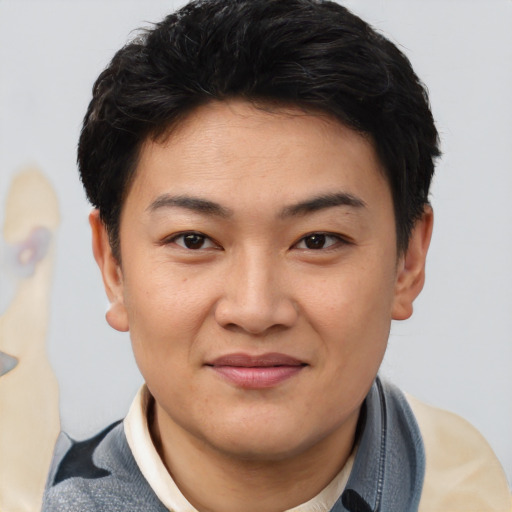 Joyful asian young-adult female with short  black hair and brown eyes