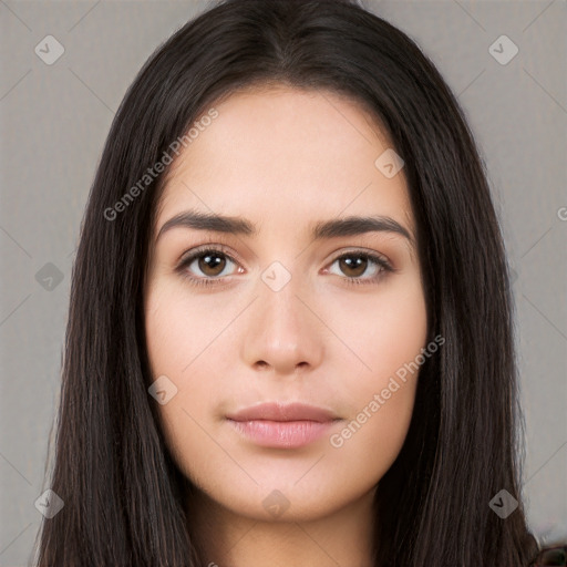 Neutral white young-adult female with long  brown hair and brown eyes