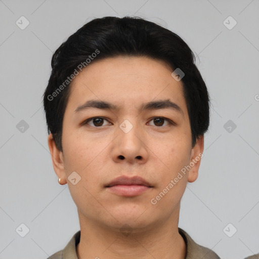 Neutral asian young-adult male with short  black hair and brown eyes