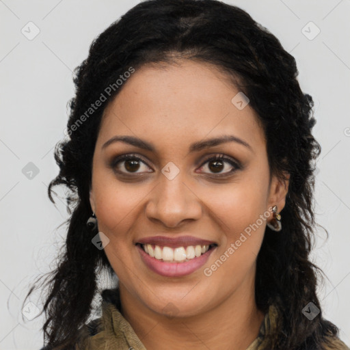 Joyful latino young-adult female with long  brown hair and brown eyes