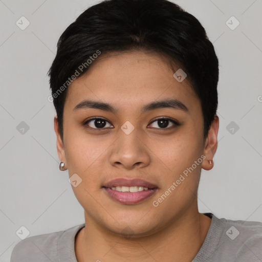 Joyful asian young-adult female with short  black hair and brown eyes