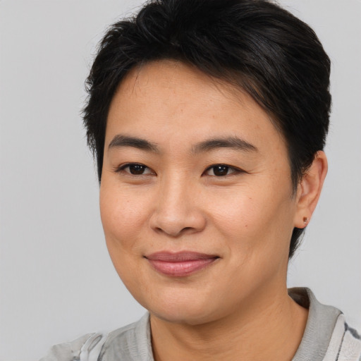 Joyful asian young-adult female with short  brown hair and brown eyes
