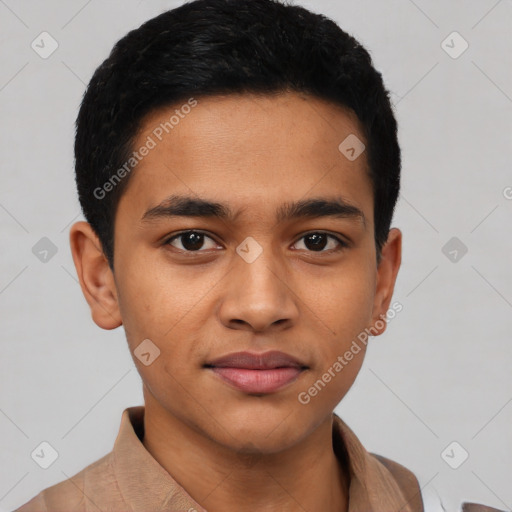 Joyful latino young-adult male with short  brown hair and brown eyes