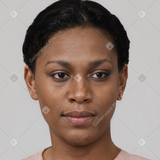 Neutral black young-adult female with short  black hair and brown eyes