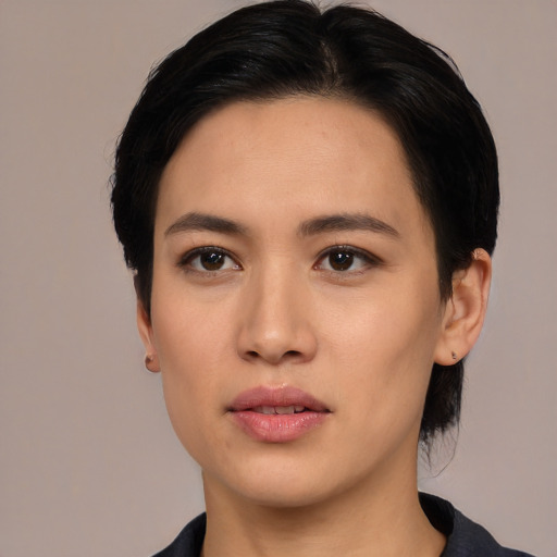 Neutral asian young-adult female with medium  black hair and brown eyes